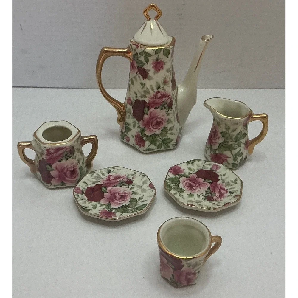 Vintage Miniature Tea Set Porcelain Rose Floral Gold Trim 6pc Set